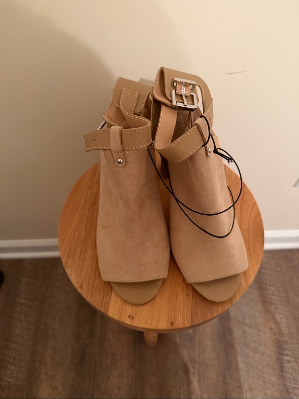 Express Beige/Tan Suede Peep-Toe Ankle Booties with Buckle